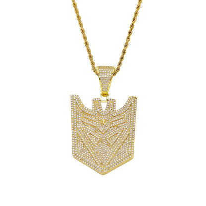 Iced Out Transformers Autobots Robot Shield Pendant Necklace Gold-Plated CZ Twist Chain