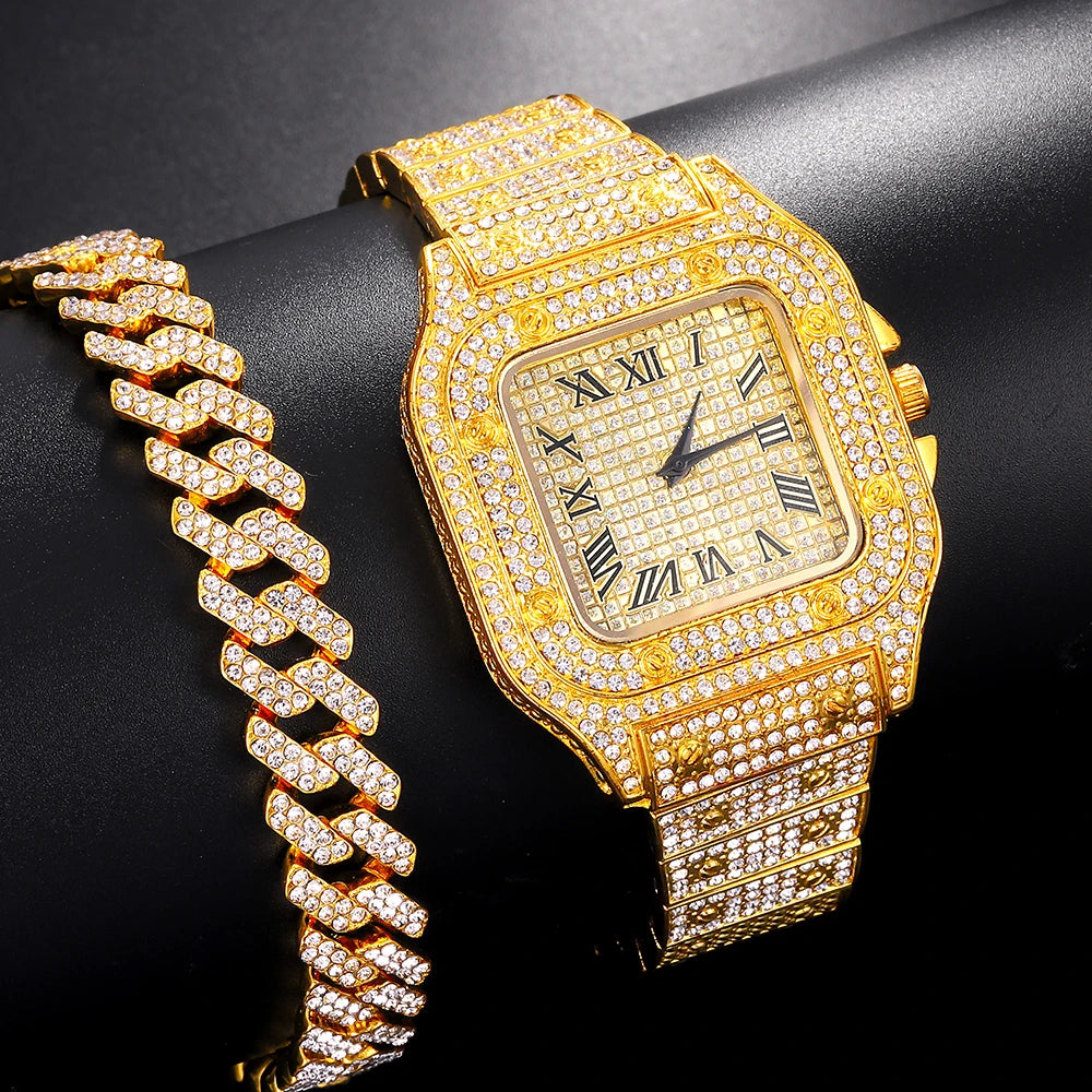Luxury Iced Out Watches Hip Hop Bust Down Unisex Diamond Watch, Stainless Steel Studded Wrist Watch With Bracelet - DripVault