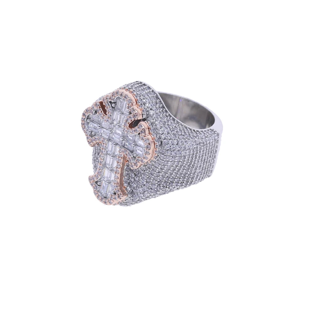 Two Tone Color Cross Finger Ring Iced Out Bling 5A Cubic Zircon Prong Setting Fashion Luxulry Men Hip Hop Finger Jewelry - DripVault
