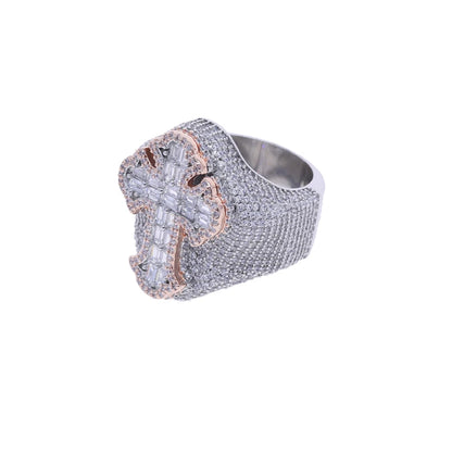 Two Tone Color Cross Finger Ring Iced Out Bling 5A Cubic Zircon Prong Setting Fashion Luxulry Men Hip Hop Finger Jewelry - DripVault
