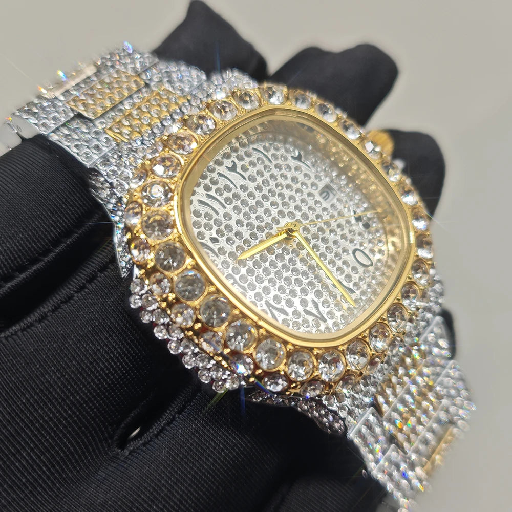 Luxury Brand Men Quartz Watch Fashion Square Hip Hop Big Pointer Diamond Out Sparkling Jewelry Waterproof Stainless Steel Wristwatch Man New - DripVault