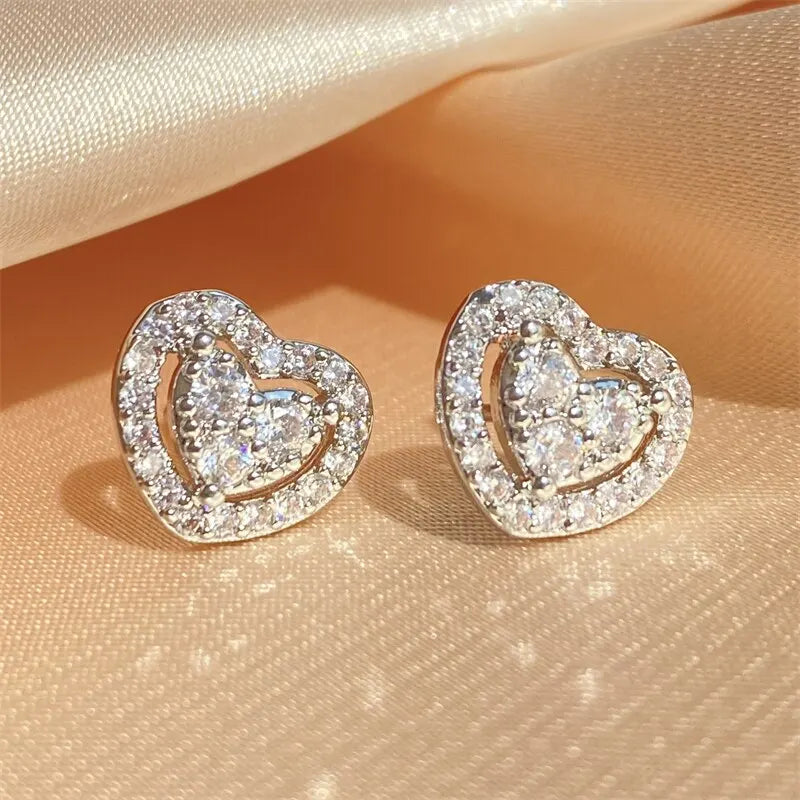 Loving Heart Zirconia Stud Earrings For Women Girls Silver Color Metal Crystal Ears Accessories Wedding Jewelry Gifts - DripVault