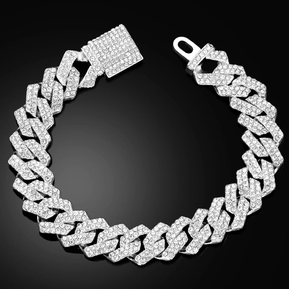 Hip Hop Iced Out Chain Women Men Cuban Bracelet High-Quality Full AAAA+ Rhinestones Miami Cuban Link Chain Bracelets Jewelry - DripVault