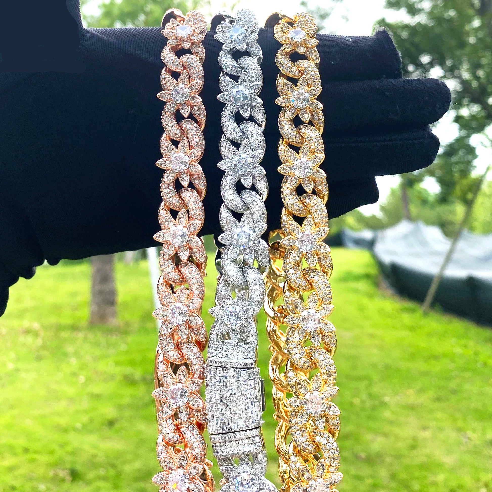 Iced Out Flower Necklace Cuban Link Chain for Women Prong Setting Cubic Zirconia Hip Hop Jewelry - DripVault