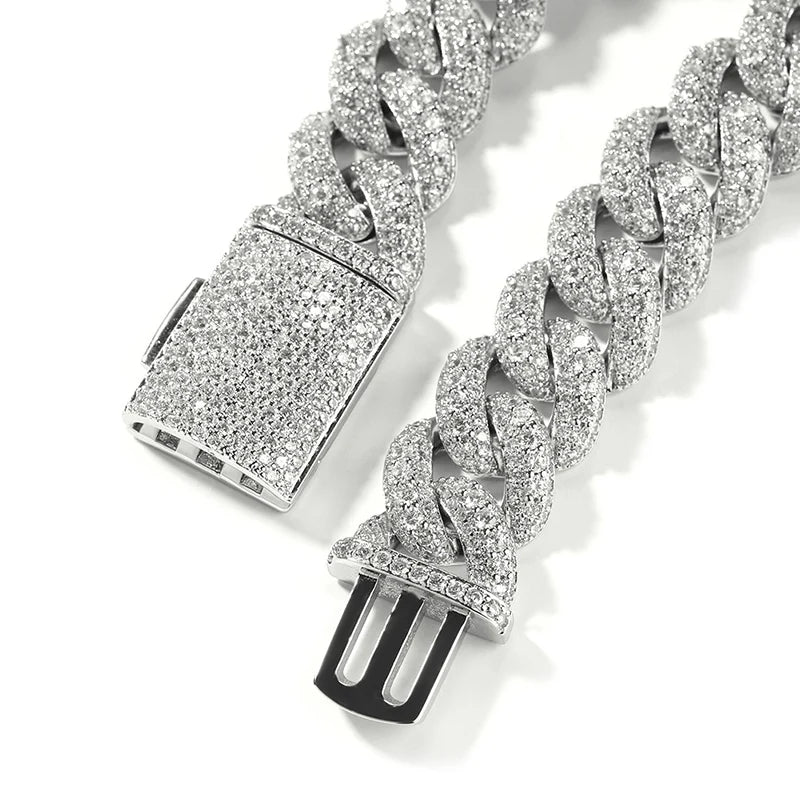 Hip Hop 5A+ CZ Stone Paved Bling Iced Out 18mm Solid Round Cuban Miami Link Chain Bracelets Necklaces for Men Rapper Jewelry - DripVault
