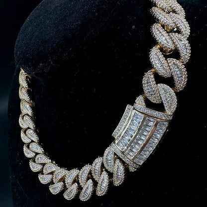 Baguette Cuban Link Chain for Men Iced Out Prong Setting Necklace Choker Real Gold Plated Hip Hop Jewelry - DripVault