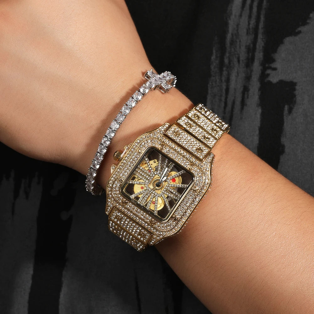 Iced Out Men Watch Square Dial Quartz Luxury Cartier Style Brand Automatic Wrist Watches Skeleton Clock Hiphop - DripVault