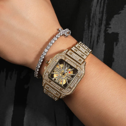 Iced Out Men Watch Square Dial Quartz Luxury Cartier Style Brand Automatic Wrist Watches Skeleton Clock Hiphop - DripVault