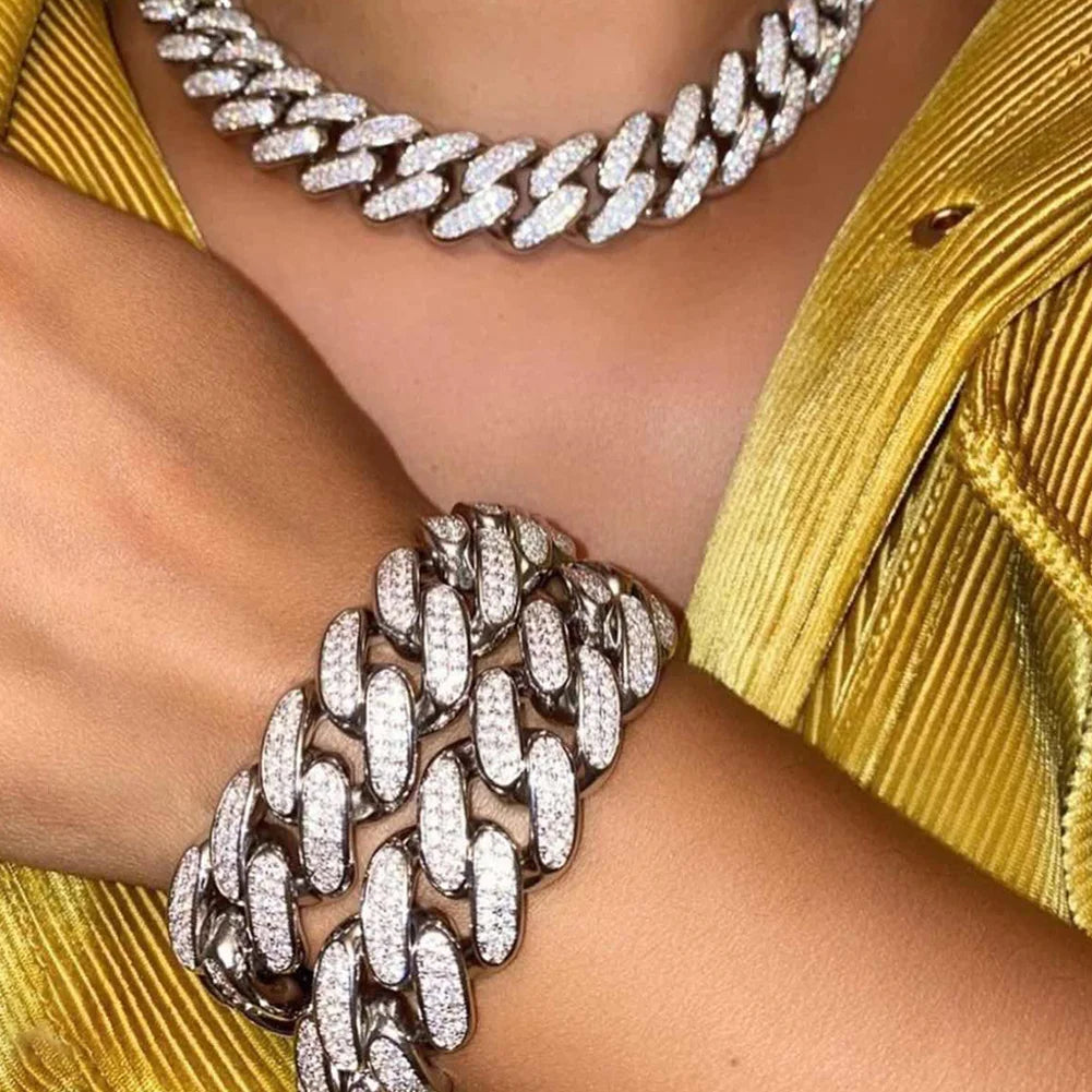 Hip Hop Iced Out Chain Women Men Cuban Bracelet High-Quality Full AAAA+ Rhinestones Miami Cuban Link Chain Bracelets Jewelry - DripVault