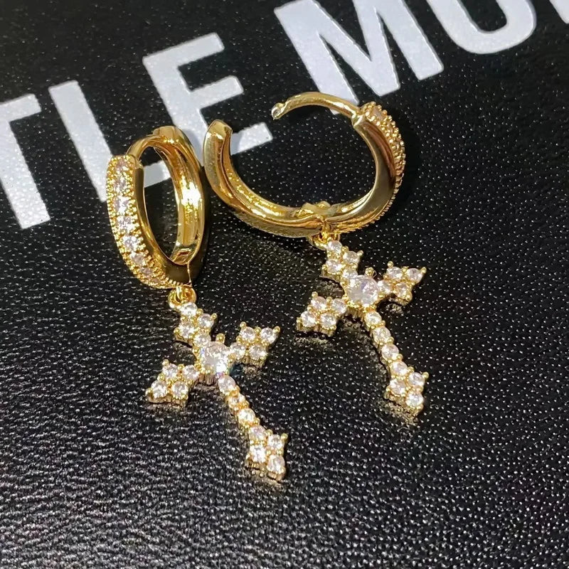2Pcs Men's Punk Cross Earrings for Women Men Classic Shiny Rhinestone Ear Buckle Earring Fashion Hiphop Party Jewelry - DripVault