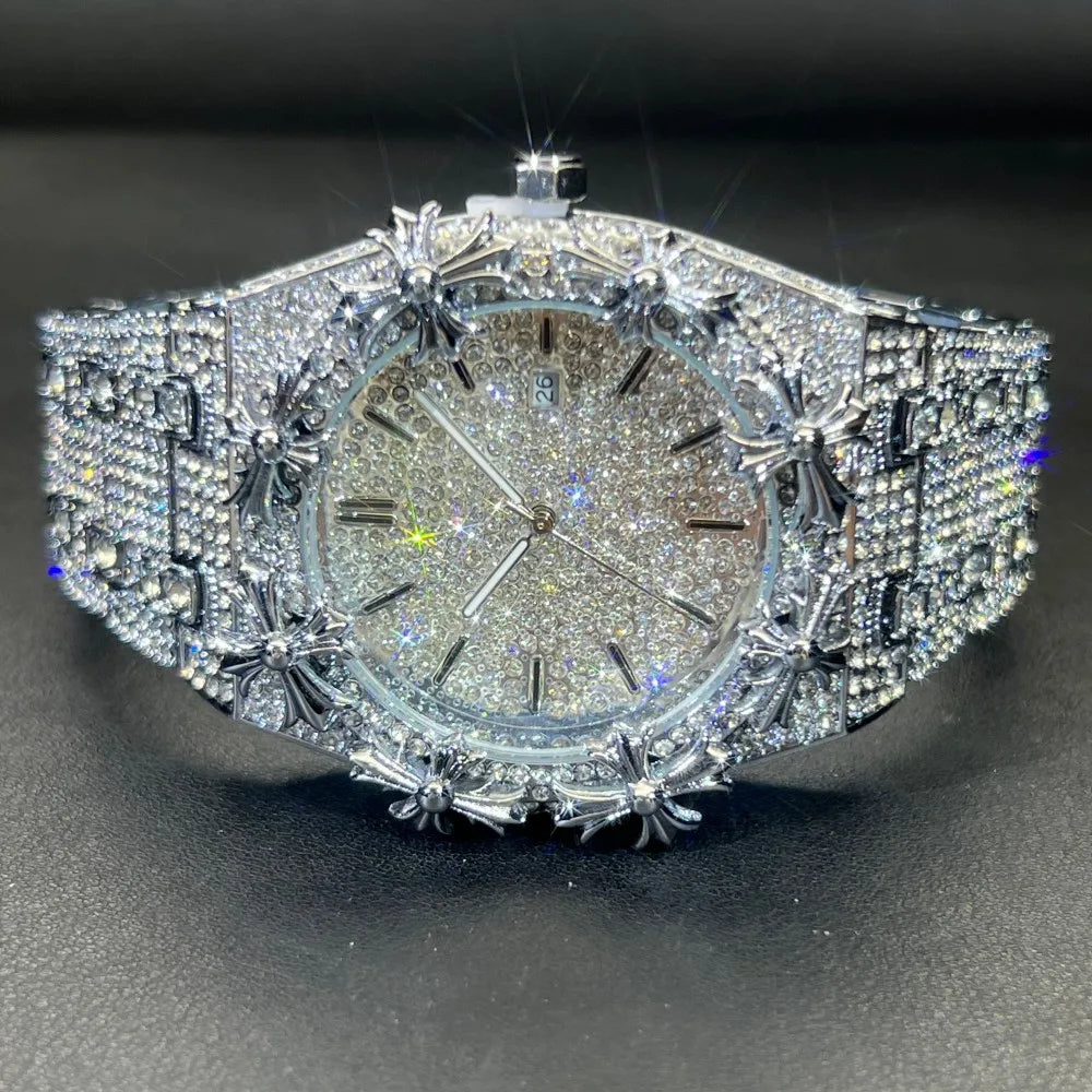 Men's Watches Thorn Crown Quartz Wristwatch Fashion Hip Hop Ice Crystal Watch Men Luxury Business Quartz Wristwatch - DripVault