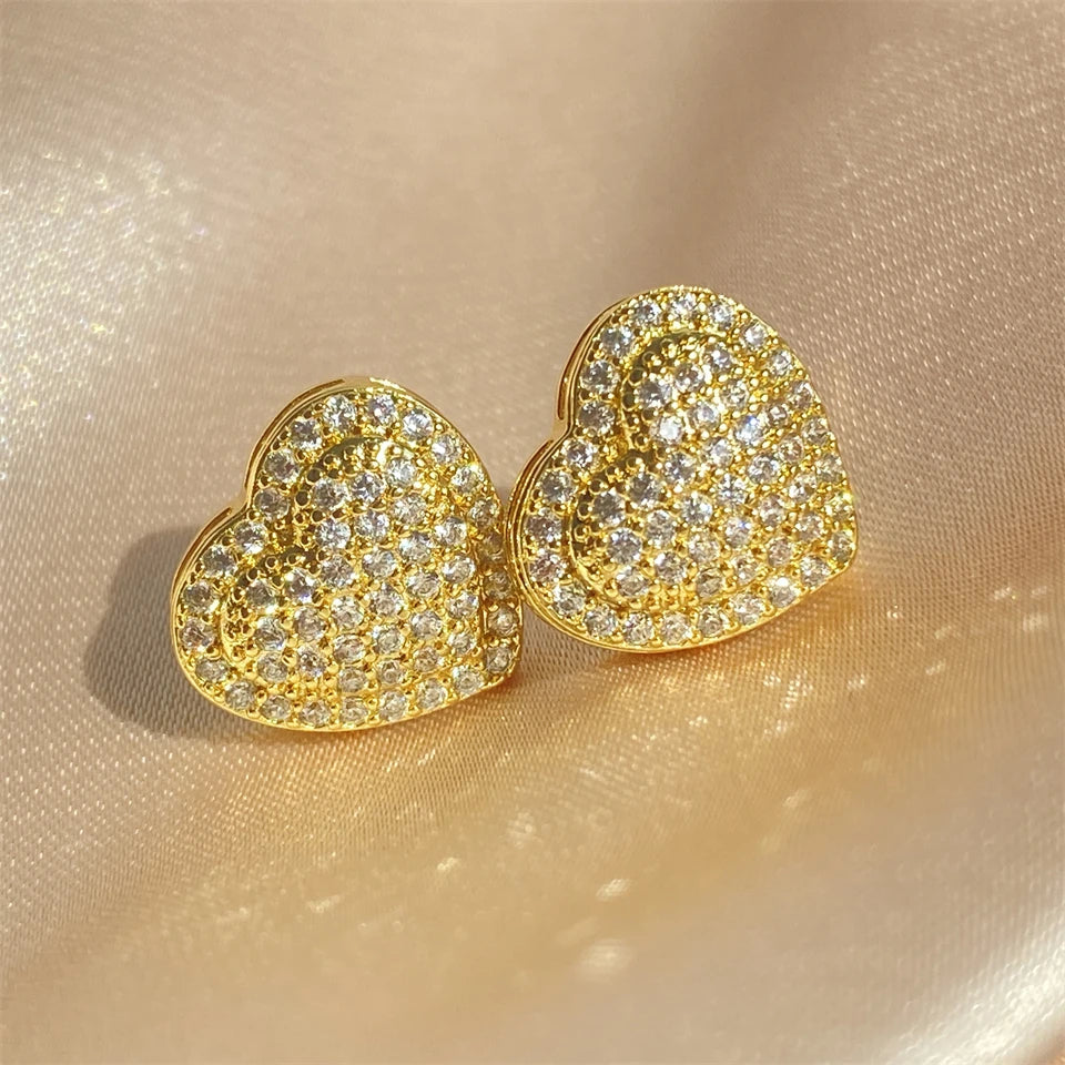 Loving Heart Zirconia Stud Earrings For Women Girls Silver Color Metal Crystal Ears Accessories Wedding Jewelry Gifts - DripVault