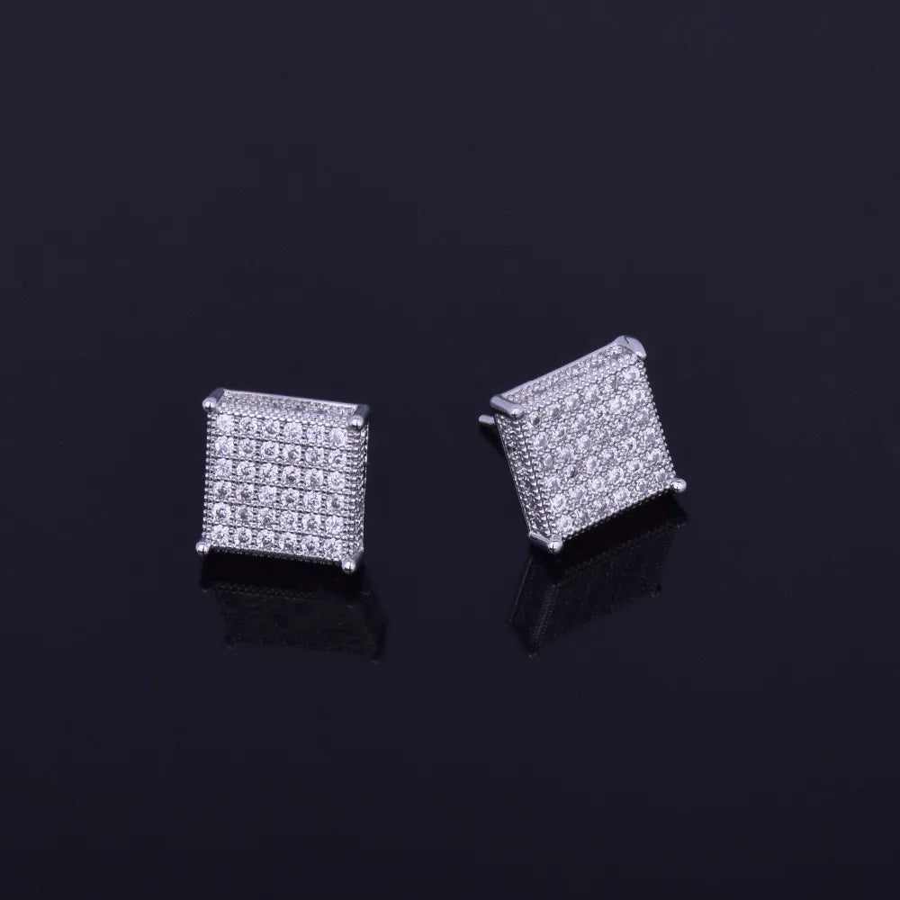 Micro Pave CZ Earring Gold Color Hip hop Jewelry Copper Iced AAA CZ Square Stud Earrings Push-back 12x12mm Street Rock - DripVault