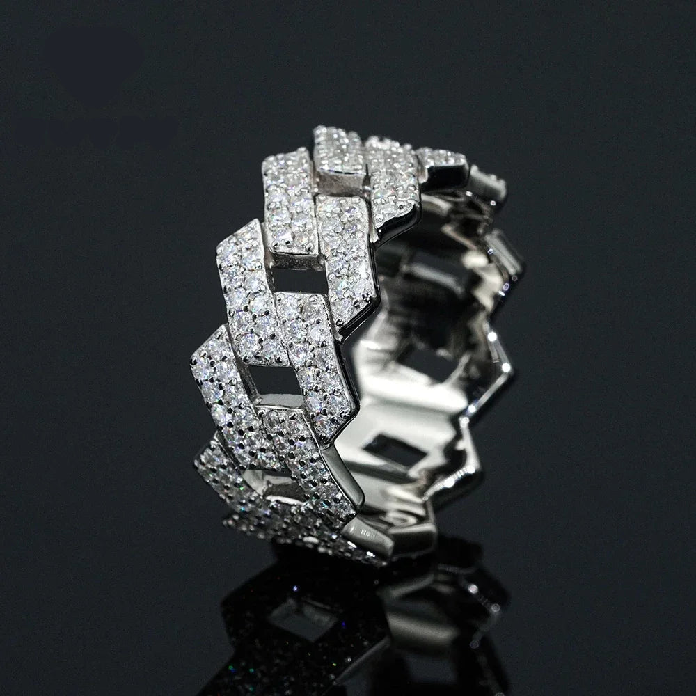 Full Moissanite Diamond Cuban Rings for Men Women 100% 925 Sterling Silver Hip Hop Double Row Eternity Band Ring - DripVault
