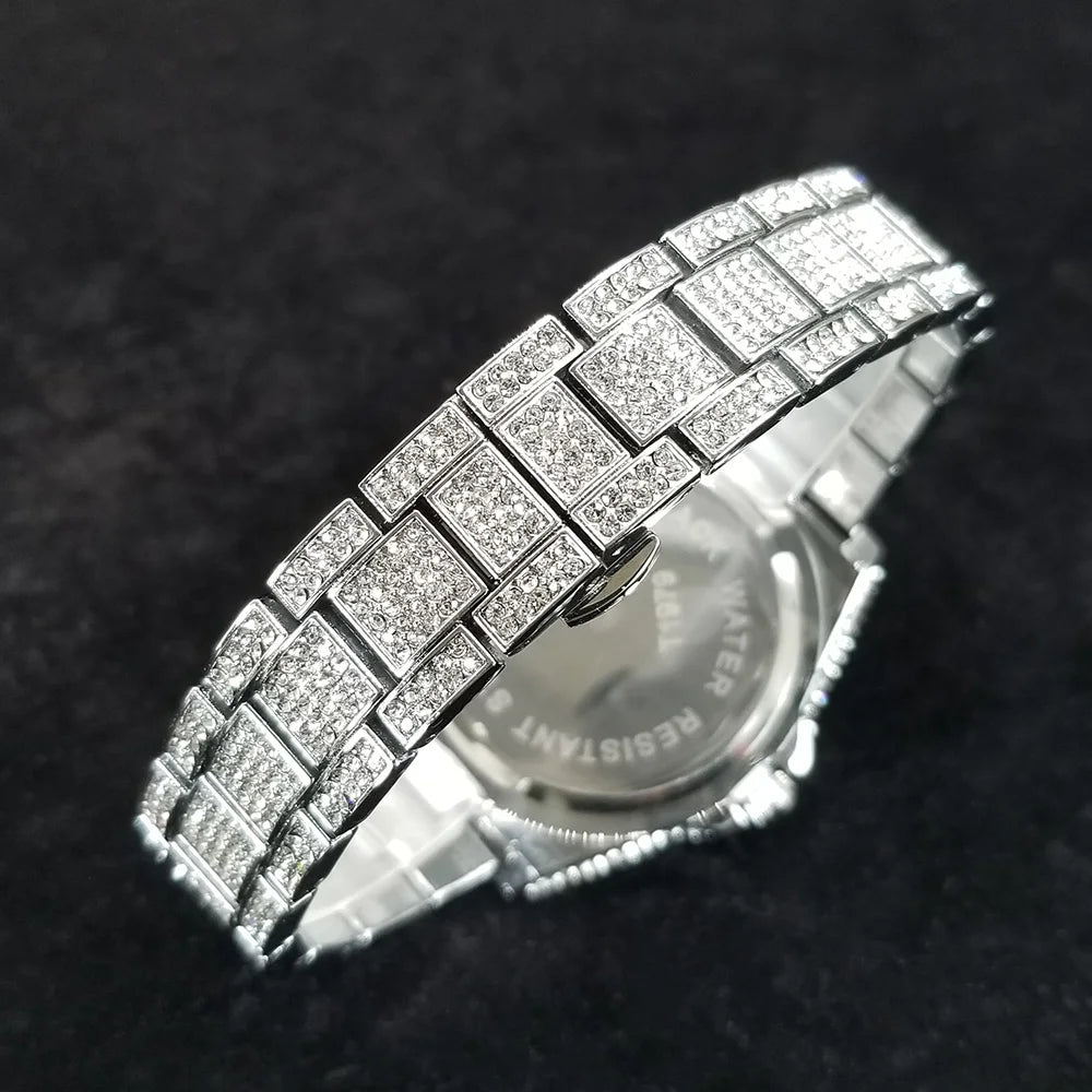 Full Diamond Watches for Men Luxury Fashion Silver Iced Out Quartz Wristwatch Hip Hop Street Style Bling Watch Man - DripVault