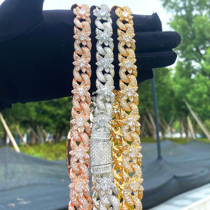 Iced Out Flower Necklace Cuban Link Chain for Women Prong Setting Cubic Zirconia Hip Hop Jewelry - DripVault