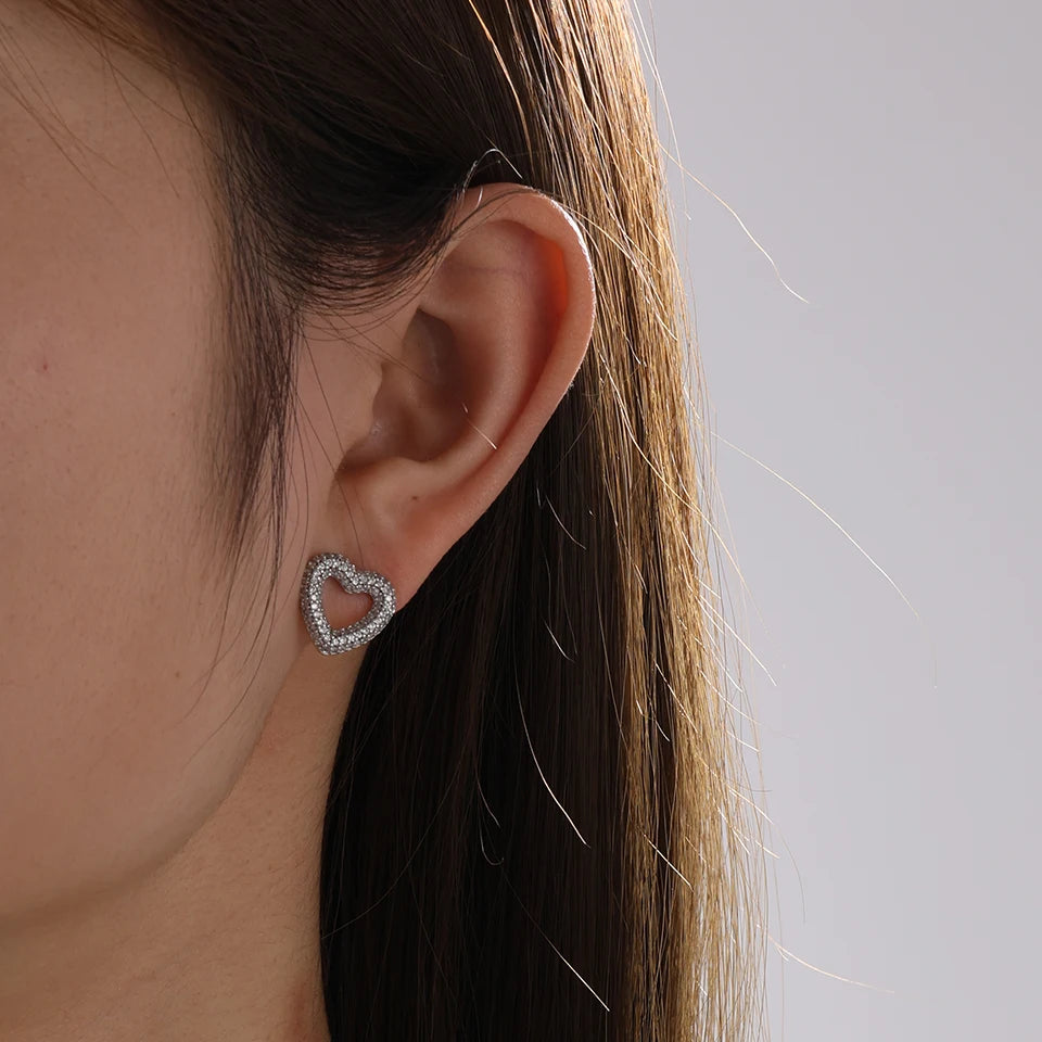 Loving Heart Zirconia Stud Earrings For Women Girls Silver Color Metal Crystal Ears Accessories Wedding Jewelry Gifts - DripVault