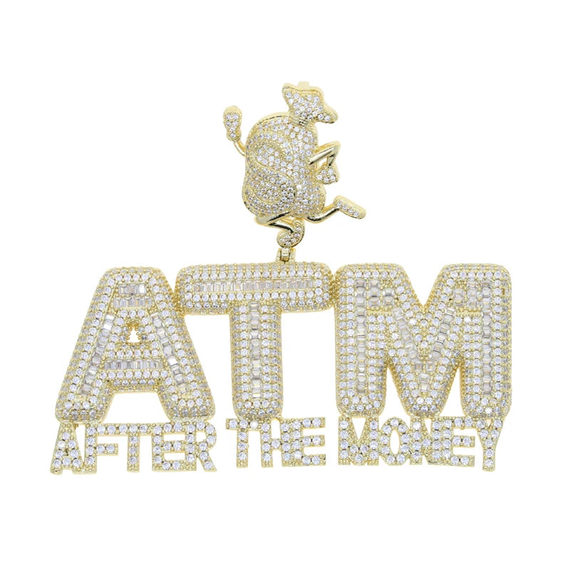 Iced Out Bling 5A CZ Letters ATM Addicted To Money Pendant Necklace 2 Colors Cubicz Zircon Men's HipHop 5mm Tennis Chain Jewelry - DripVault