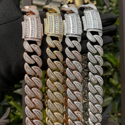 Bubble Letter Baguette Cuban Link Chain for Men Iced Out Prong Setting Necklace Choker Real Gold Plated Hip Hop Jewelry - DripVault