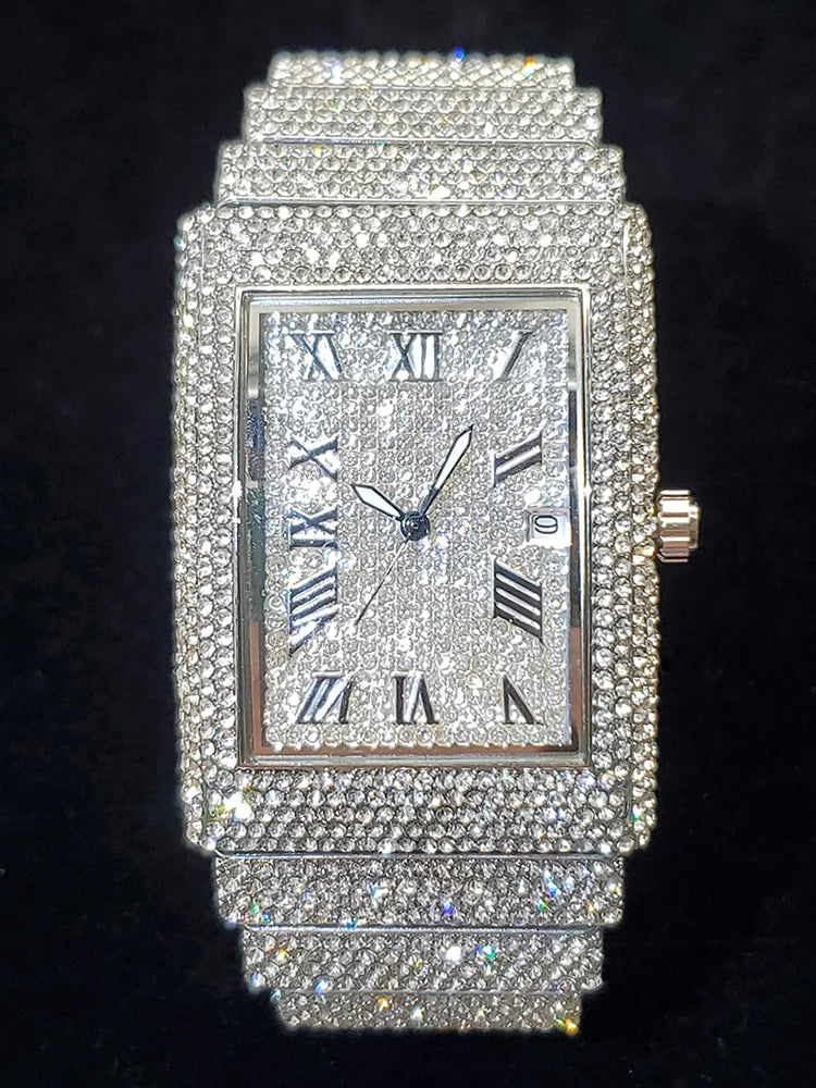 Gold Men's Watches Rectangle Dial Luxury Diamond Fashion Big Wristwatches Luminous Point Iced Quartz Watch For Men - DripVault