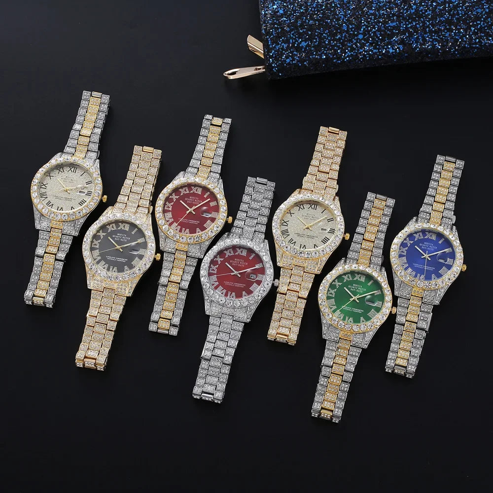 Diamond Bling Watch Men Gold Color Luxury Gift Quartz Watches Male Clock Rhinestone Calendar Wristwatch - DripVault