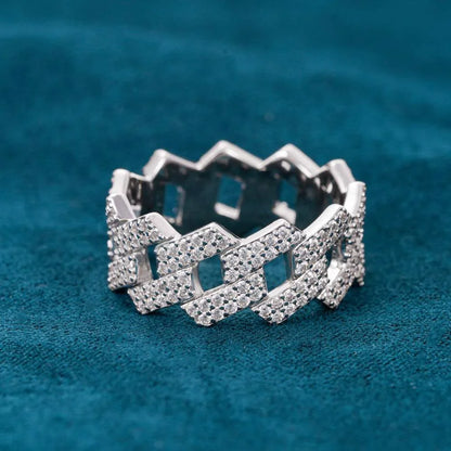 Full Moissanite Diamond Cuban Rings for Men Women 100% 925 Sterling Silver Hip Hop Double Row Eternity Band Ring - DripVault
