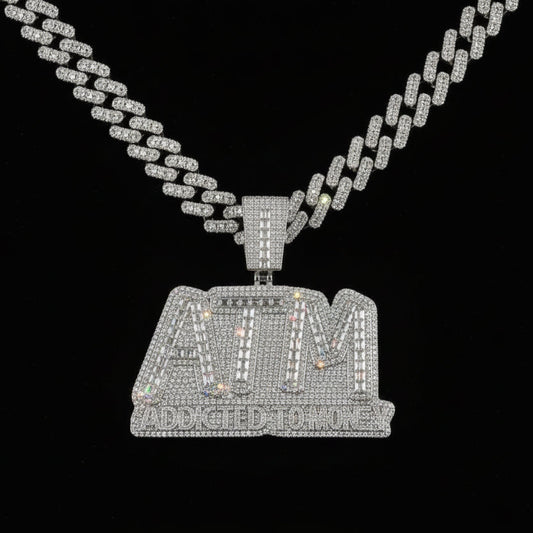 Iced Out Bling 5A CZ Letters ATM Addicted To Money Pendant Necklace 2 Colors Cubicz Zircon Men's HipHop 5mm Tennis Chain Jewelry - DripVault