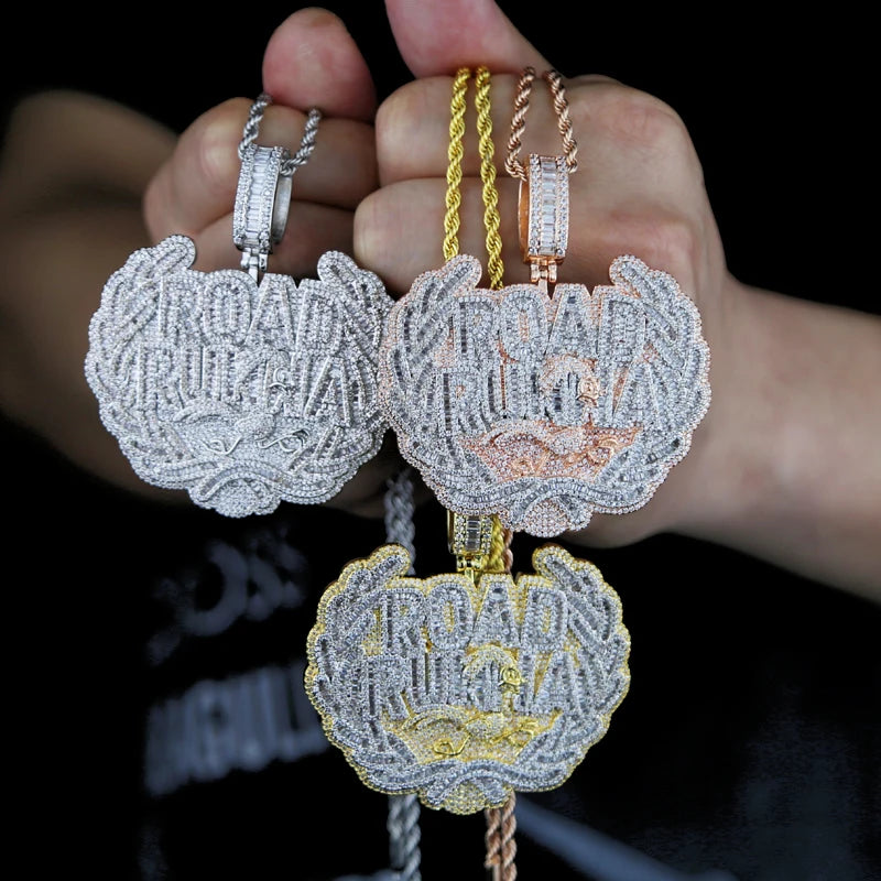 New Iced Out Bling CZ Letter Road Runna Pendant Necklace Cubic Zirconia Two Tone Color Badge Charm Men Fashion Hip Hop Jewelry - DripVault
