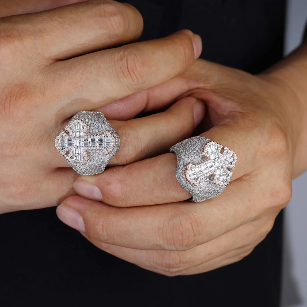 Two Tone Color Cross Finger Ring Iced Out Bling 5A Cubic Zircon Prong Setting Fashion Luxulry Men Hip Hop Finger Jewelry - DripVault