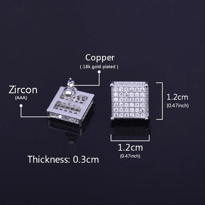 Micro Pave CZ Earring Gold Color Hip hop Jewelry Copper Iced AAA CZ Square Stud Earrings Push-back 12x12mm Street Rock - DripVault