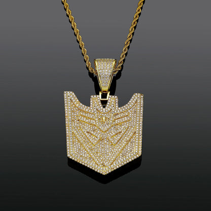 Iced Out Transformers Autobots Robot Shield Pendant Necklace Gold-Plated CZ Twist Chain