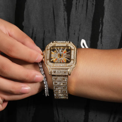 Iced Out Men Watch Square Dial Quartz Luxury Cartier Style Brand Automatic Wrist Watches Skeleton Clock Hiphop - DripVault