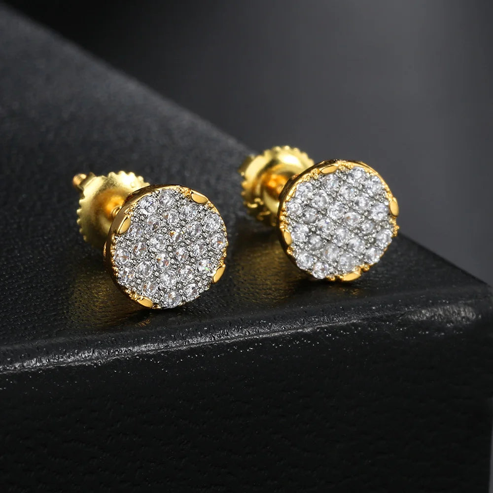 Gold Color Micro Inlaid Zircon 7mm Screw-back Stud Earrings For Women Men Simple Round Ear Piercing Jewelry - DripVault