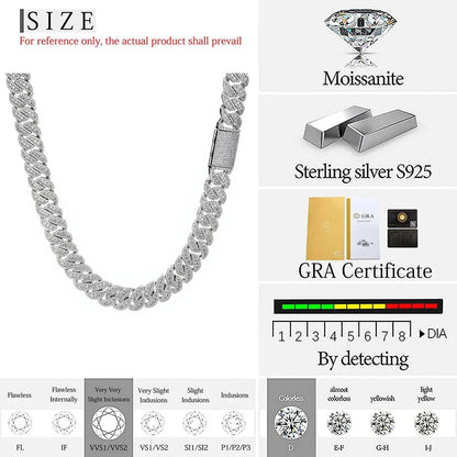 14mm Moissanite Cuban Diamond Chain Hip Hop Cuban Iced Out Chain For Men 925 Sterling Silver VVS Jewelry Necklace - DripVault
