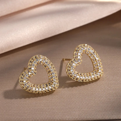 Loving Heart Zirconia Stud Earrings For Women Girls Silver Color Metal Crystal Ears Accessories Wedding Jewelry Gifts - DripVault