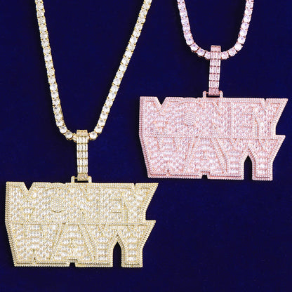 Bubble Letter Iced Out Money Wayy Necklace Pendant for Men Prong Setting Real Gold Plated Hip Hop Jewelry - DripVault