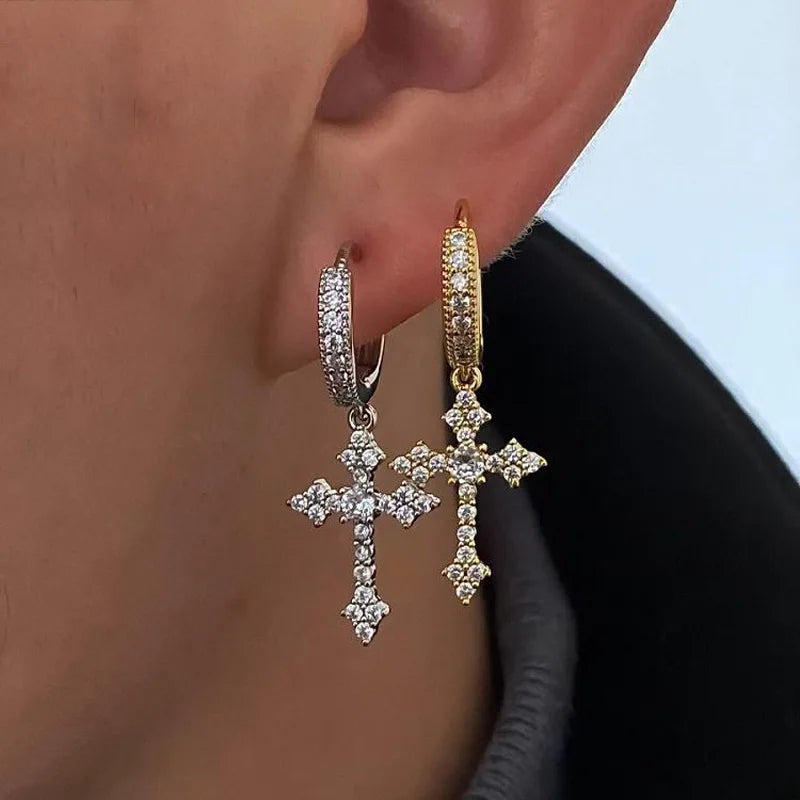 2Pcs Men's Punk Cross Earrings for Women Men Classic Shiny Rhinestone Ear Buckle Earring Fashion Hiphop Party Jewelry - DripVault