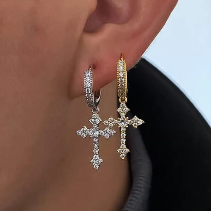 2Pcs Men's Punk Cross Earrings for Women Men Classic Shiny Rhinestone Ear Buckle Earring Fashion Hiphop Party Jewelry - DripVault