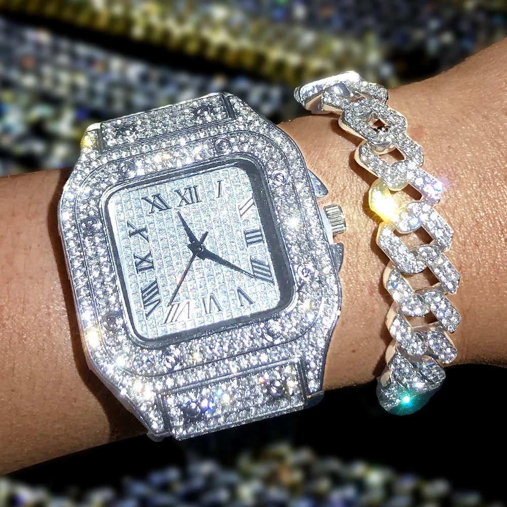 Luxury Iced Out Watches Hip Hop Bust Down Unisex Diamond Watch, Stainless Steel Studded Wrist Watch With Bracelet - DripVault