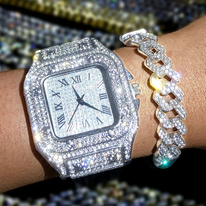 Luxury Iced Out Watches Hip Hop Bust Down Unisex Diamond Watch, Stainless Steel Studded Wrist Watch With Bracelet - DripVault