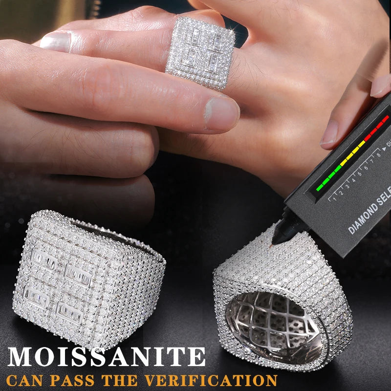 S925 Silver Rings Iced Out Baguette VVS1 Moissanite Cross Rings S925 Silver For Men Hip Hop Jewelry Men's Accessorie - DripVault