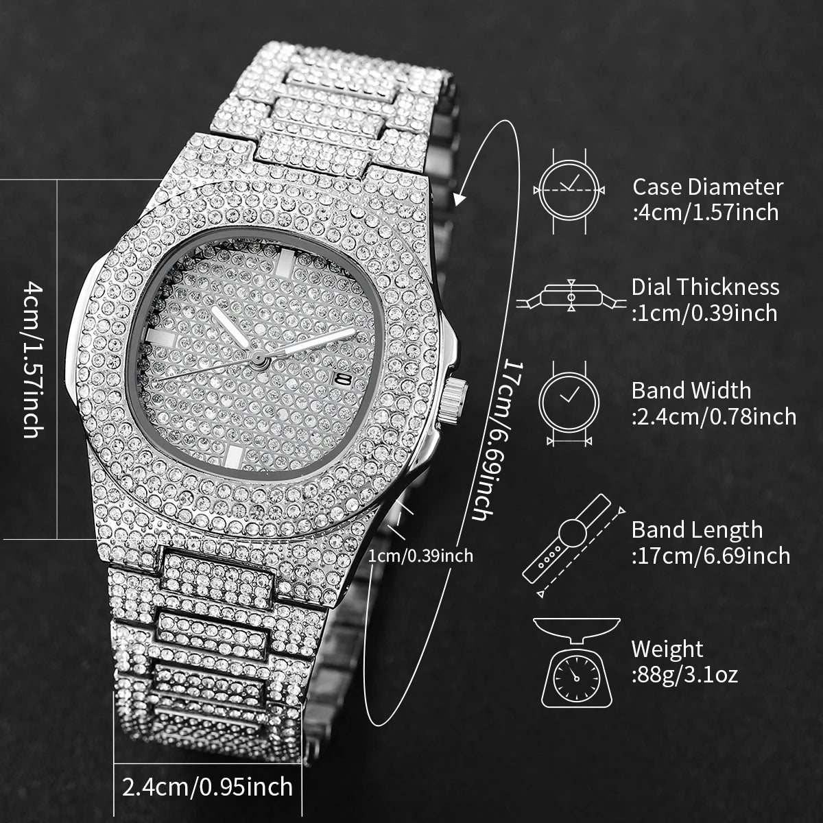 Luxury Full Diamond Men's Petek Style Stainless Steel Watches Male Sports Quartz Wristwatch with Calendar - DripVault
