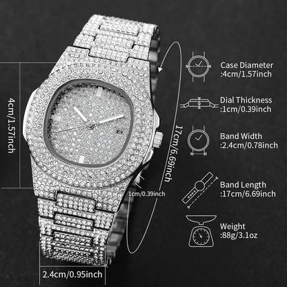 Luxury Full Diamond Men's Petek Style Stainless Steel Watches Male Sports Quartz Wristwatch with Calendar - DripVault