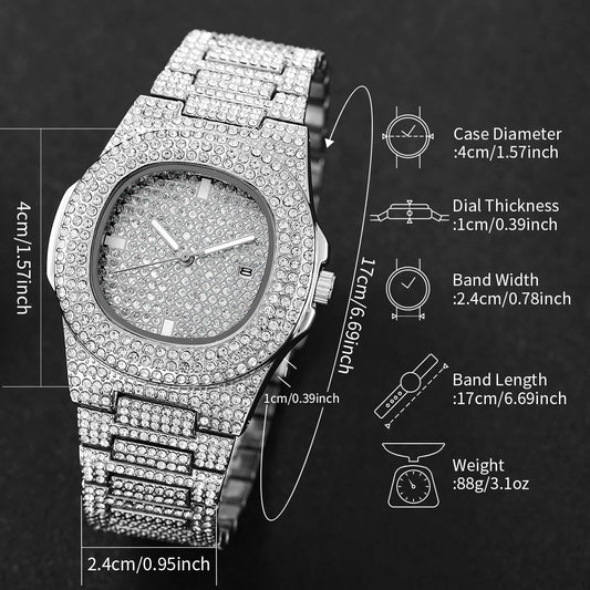 Luxury Full Diamond Men's Petek Style Stainless Steel Watches Male Sports Quartz Wristwatch with Calendar - DripVault
