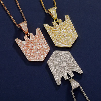 Iced Out Transformers Autobots Robot Shield Pendant Necklace Gold-Plated CZ Twist Chain