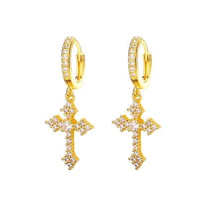 2Pcs Men's Punk Cross Earrings for Women Men Classic Shiny Rhinestone Ear Buckle Earring Fashion Hiphop Party Jewelry - DripVault