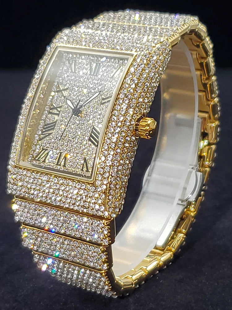 Gold Men's Watches Rectangle Dial Luxury Diamond Fashion Big Wristwatches Luminous Point Iced Quartz Watch For Men - DripVault