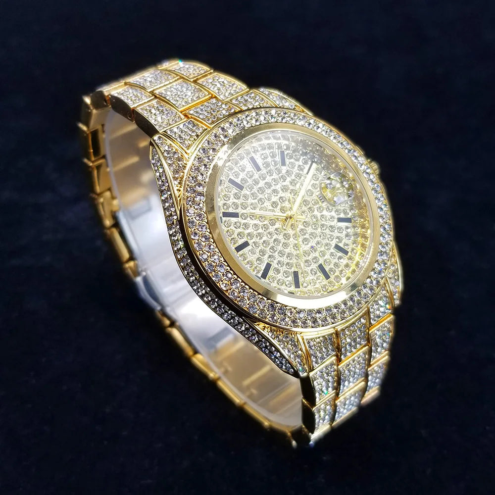 Full Diamond Watches for Men Luxury Fashion Silver Iced Out Quartz Wristwatch Hip Hop Street Style Bling Watch Man - DripVault