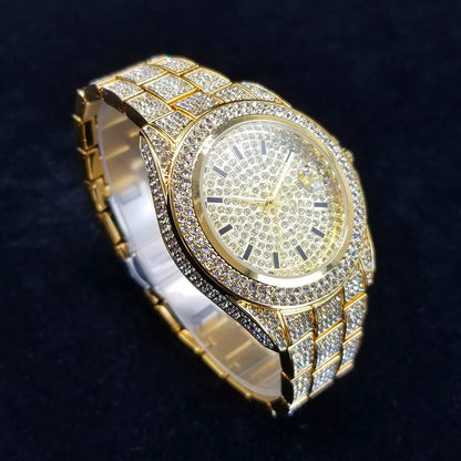 Full Diamond Watches for Men Luxury Fashion Silver Iced Out Quartz Wristwatch Hip Hop Street Style Bling Watch Man - DripVault