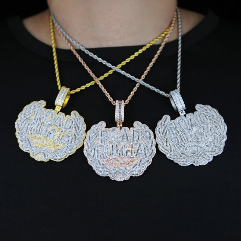 New Iced Out Bling CZ Letter Road Runna Pendant Necklace Cubic Zirconia Two Tone Color Badge Charm Men Fashion Hip Hop Jewelry - DripVault